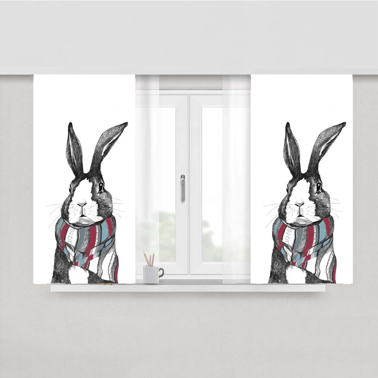Rabbit Miu Mural Peach Skin Window Curtains