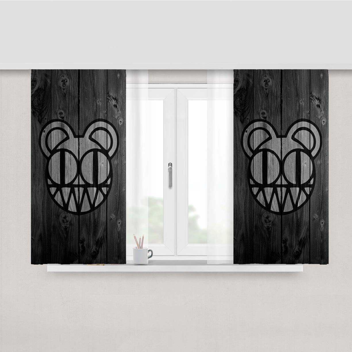 Radiohead Logo Dark Wood Wallpaper Peach Skin Window Curtains