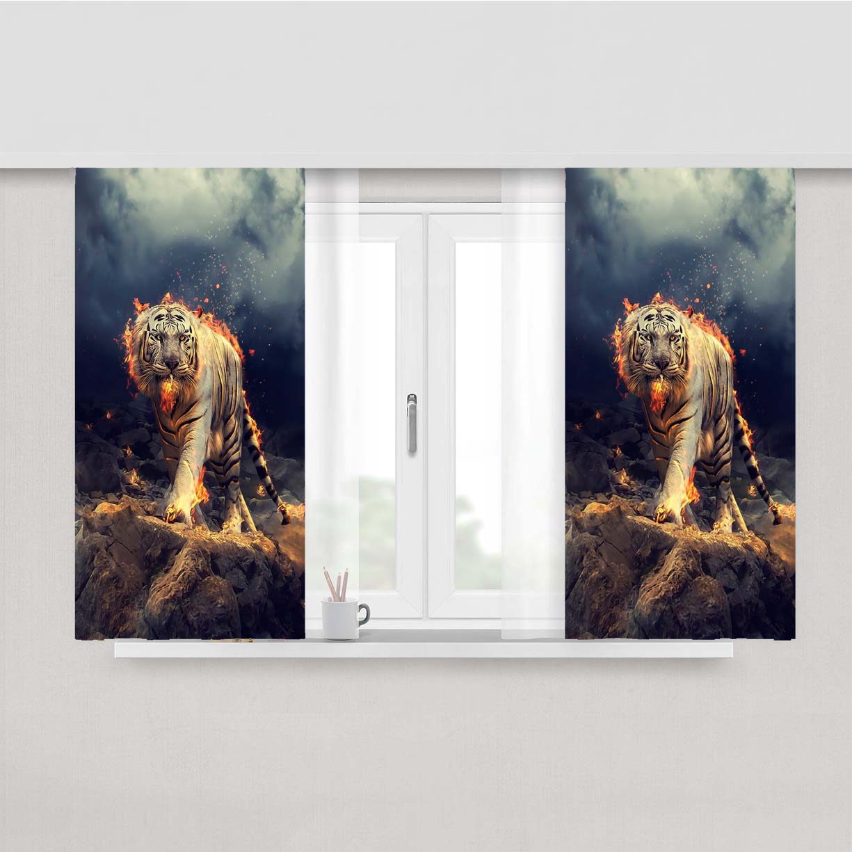 Raging White Tiger Peach Skin Window Curtains