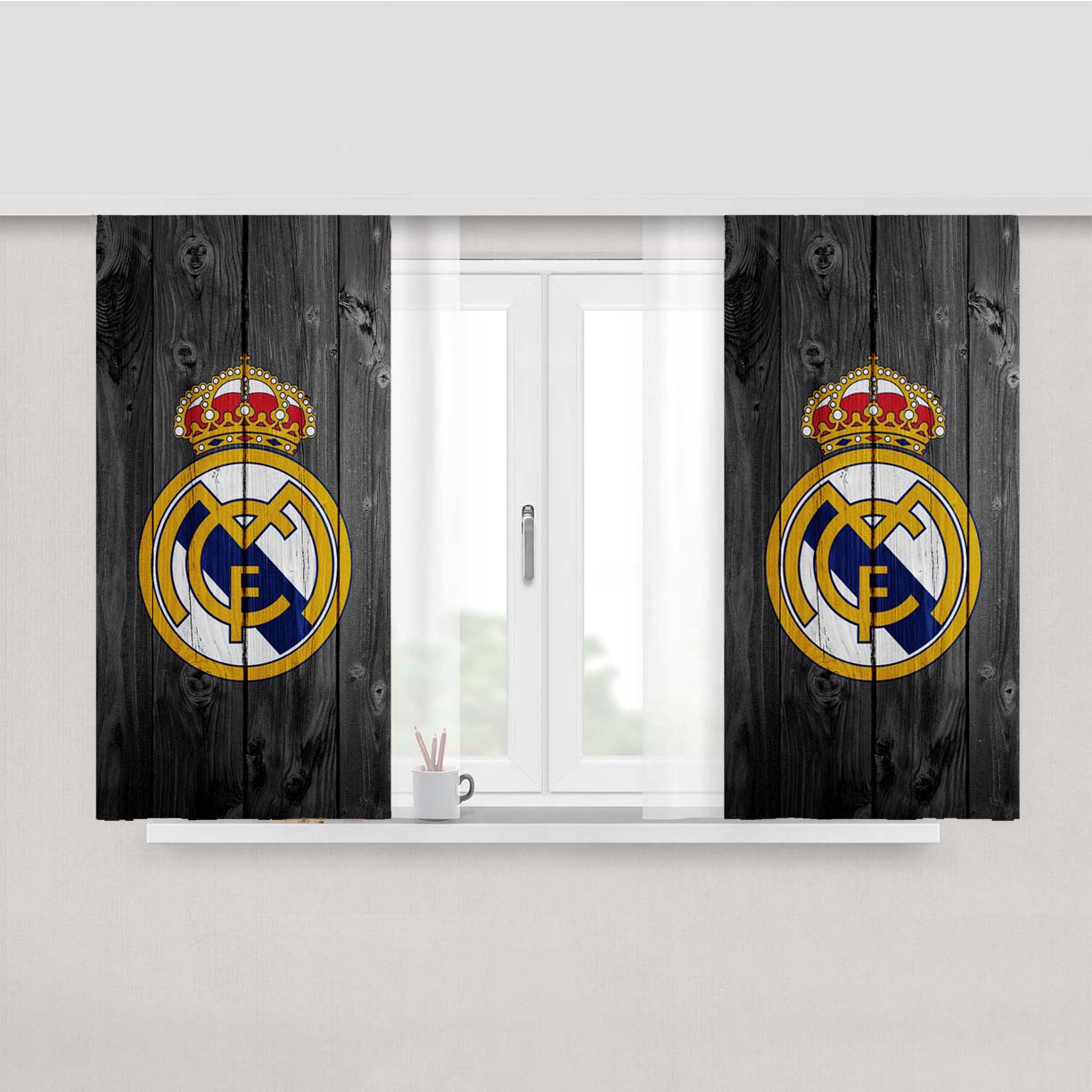 Real Madrid Fc Soccer Logo Dark Wood Peach Skin Window Curtains