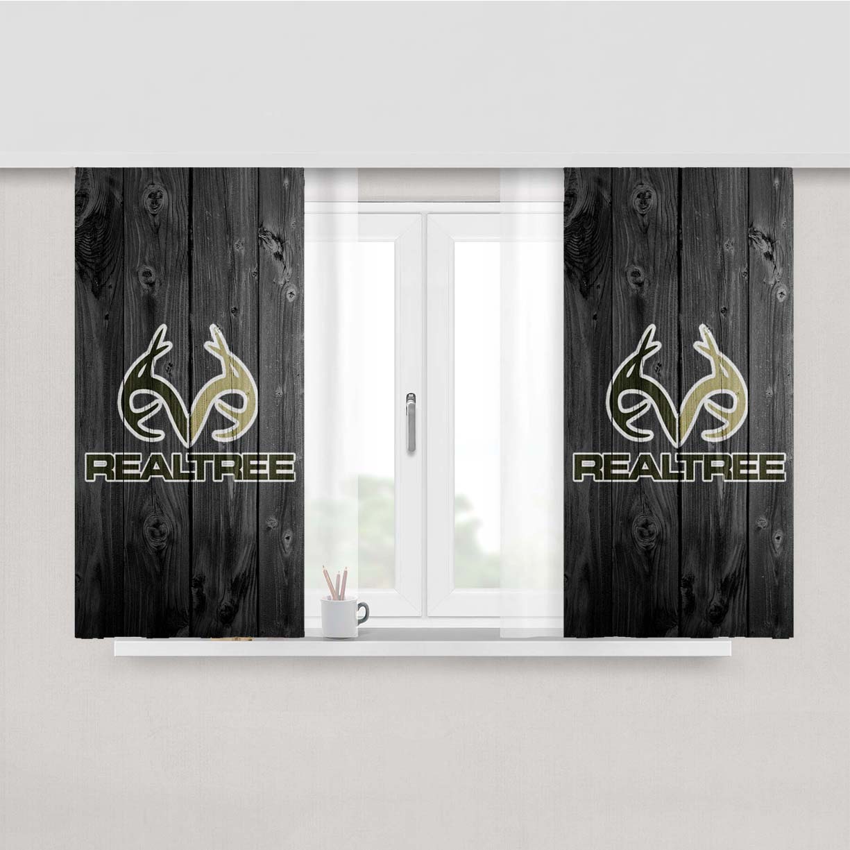Realtree Camo Deer Logo Dark Wood Peach Skin Window Curtains