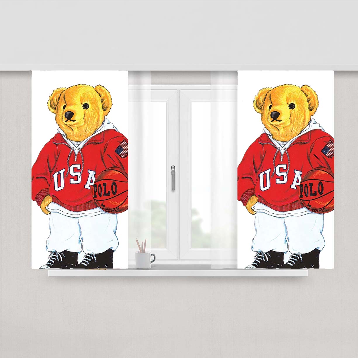 Red Basket Jacket Polo Bear Peach Skin Window Curtains