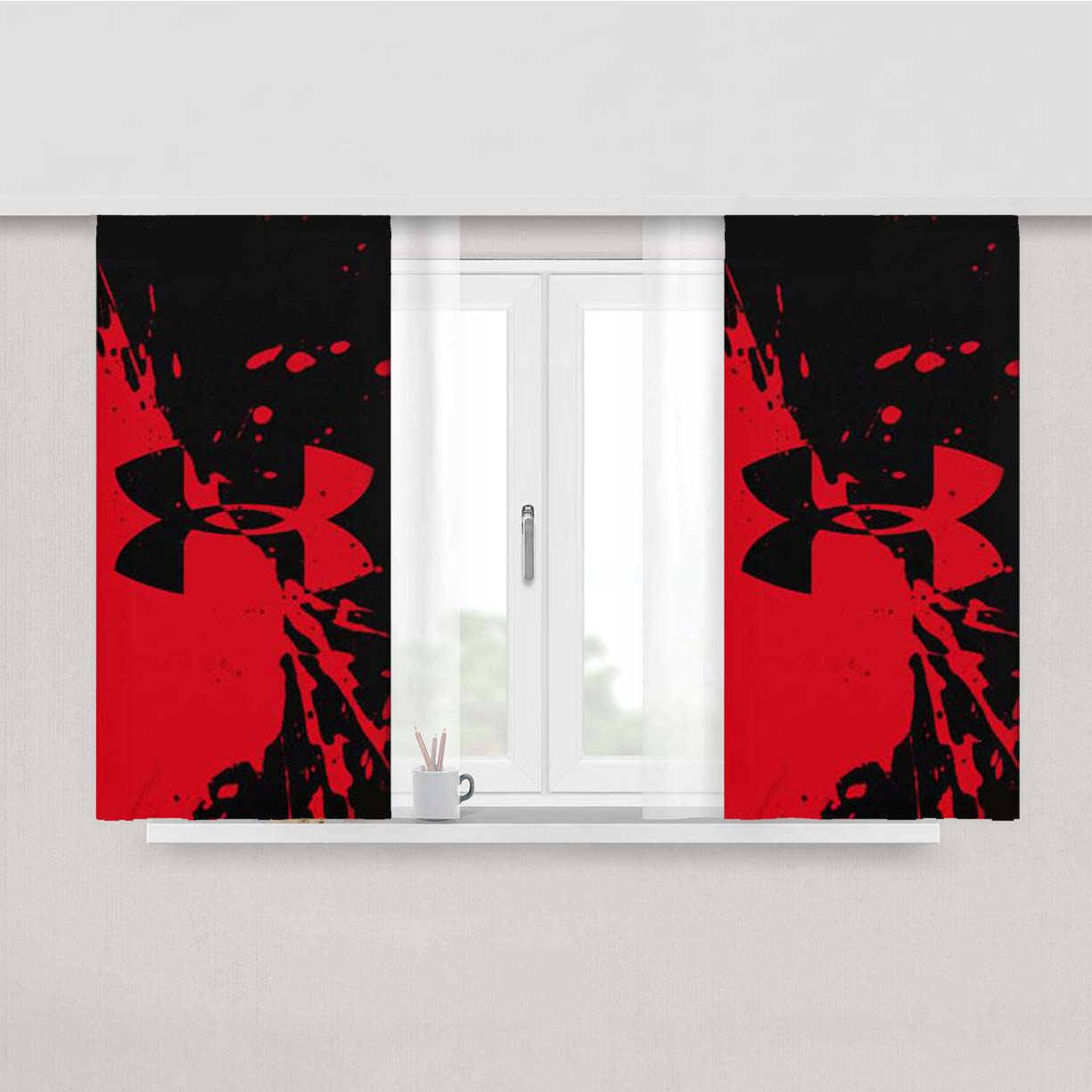 Red Black Under Armour Swoosh Peach Skin Window Curtains