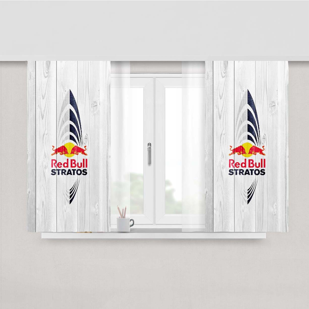 Red Bull Stratos Logo White Wood Peach Skin Window Curtains