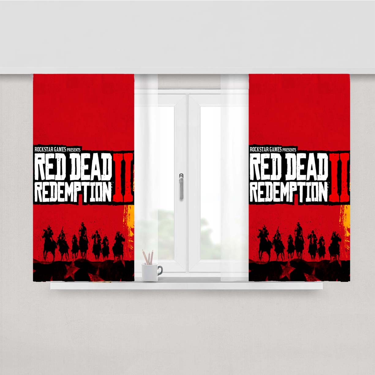 Red Dead Redemption Ii Illustration Poster Peach Skin Window Curtains
