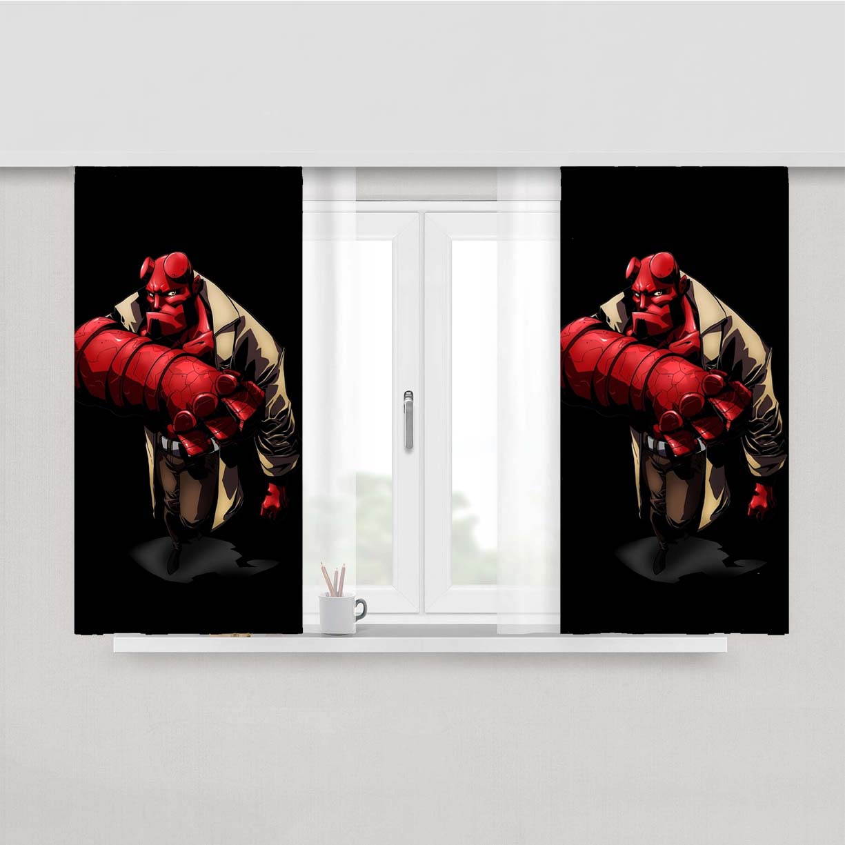 Red Hellboy In Black Peach Skin Window Curtains