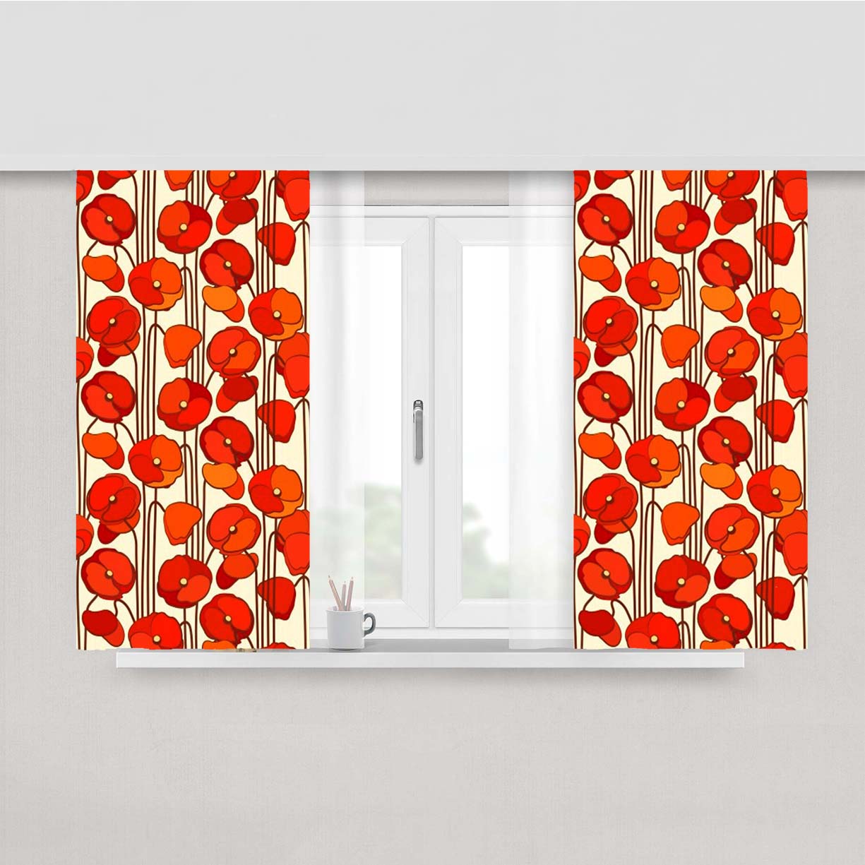 Red Poppy Flower Peach Skin Window Curtains