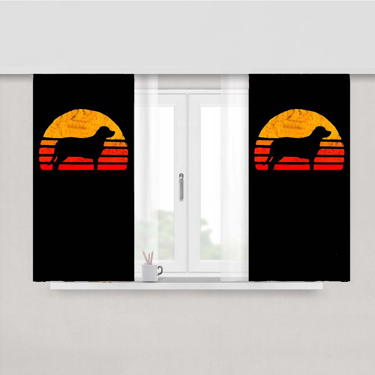 Retro Sun Entlebucher Mountain Dog Lovers Silhouette Peach Skin Window Curtains