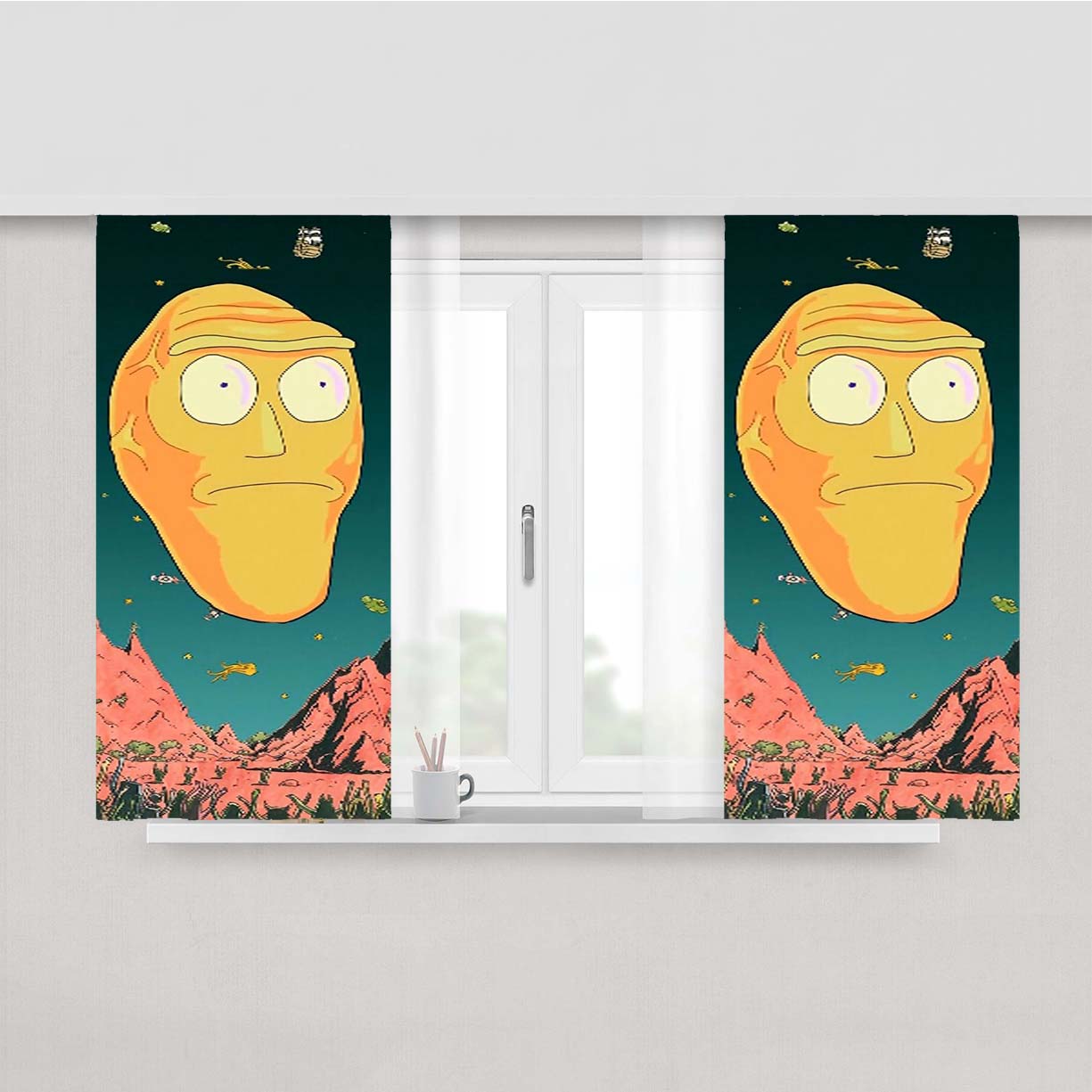 Rick And Morty Giant Heads Peach Skin Window Curtains