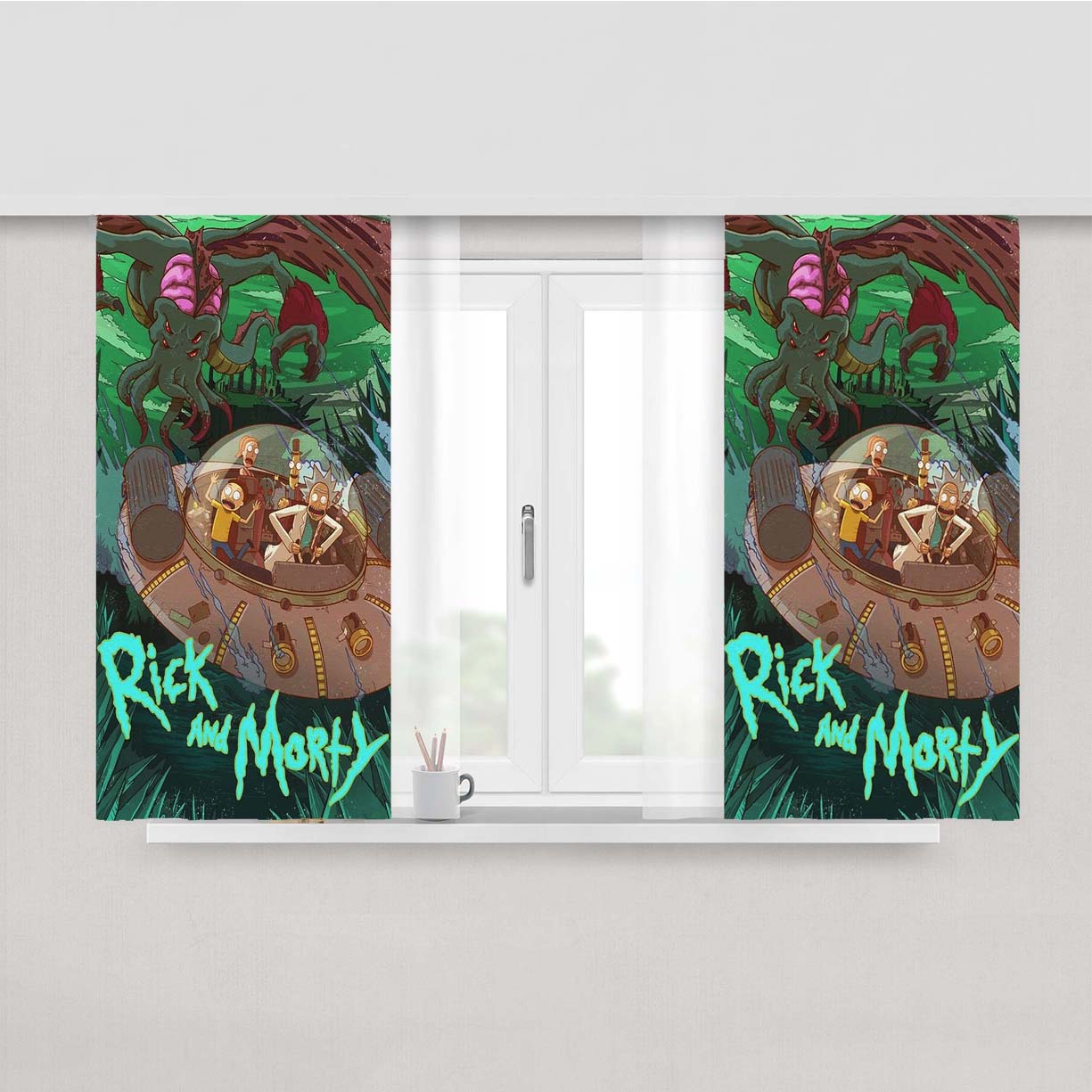 Rick And Morty Green Dragon Monster Peach Skin Window Curtains