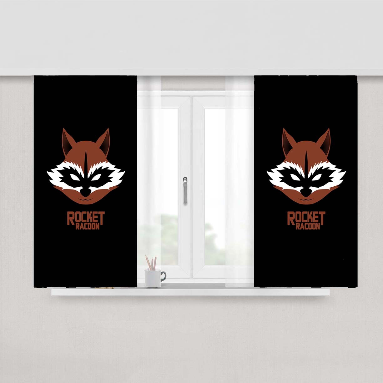 Rocket Racoon Minimalist On Black Peach Skin Window Curtains
