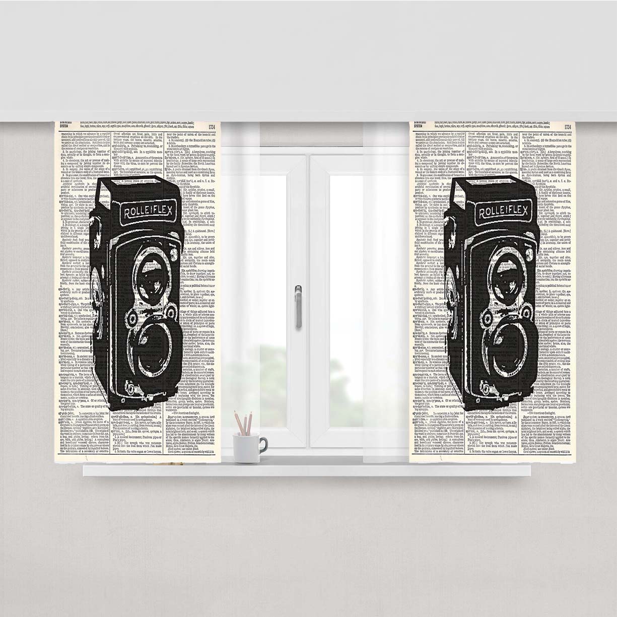 Rolleiflex Vintage Dictionary Wallpaper Peach Skin Window Curtains
