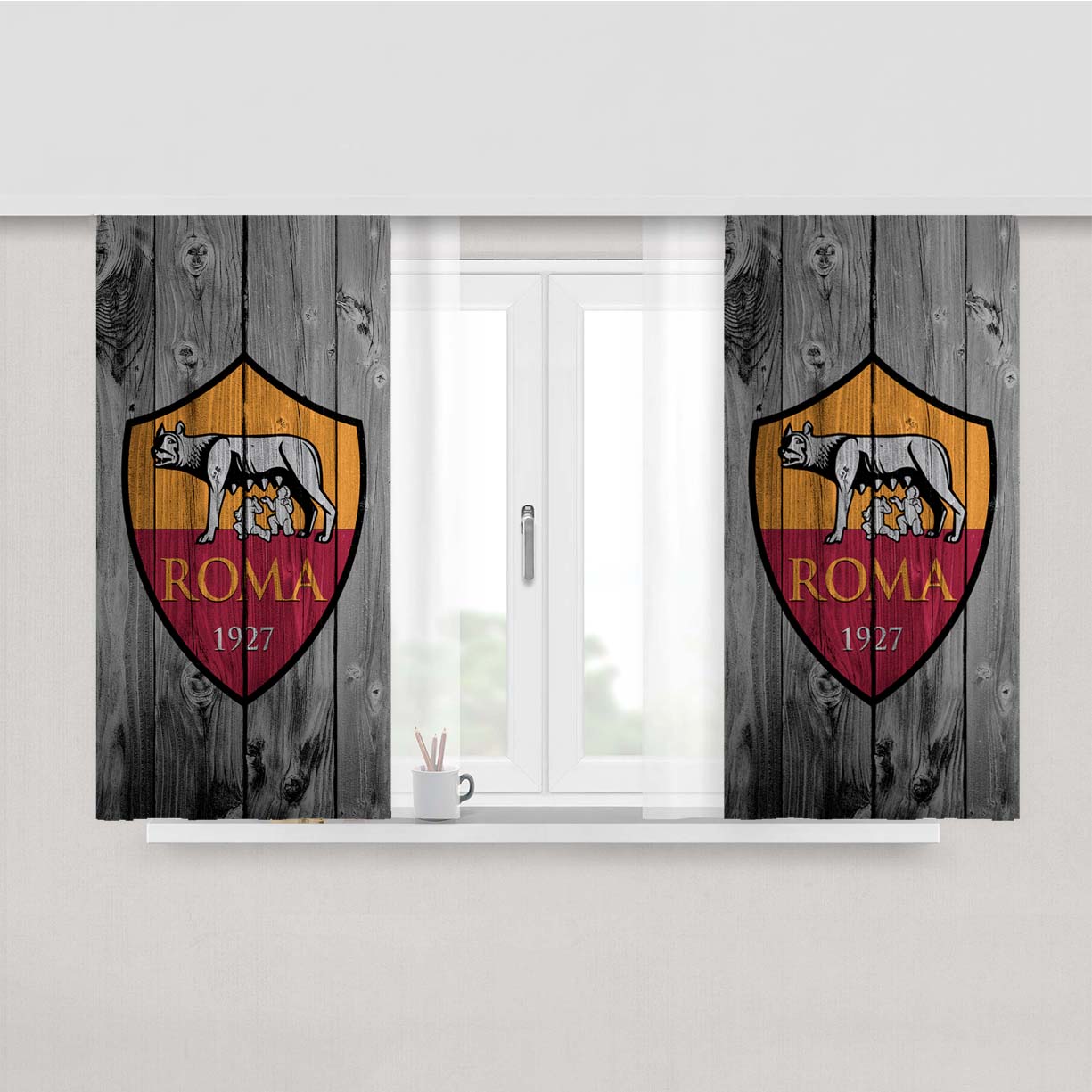 Roma 1927 National Team Logo Dark Wood Wallpaper Peach Skin Window Curtains