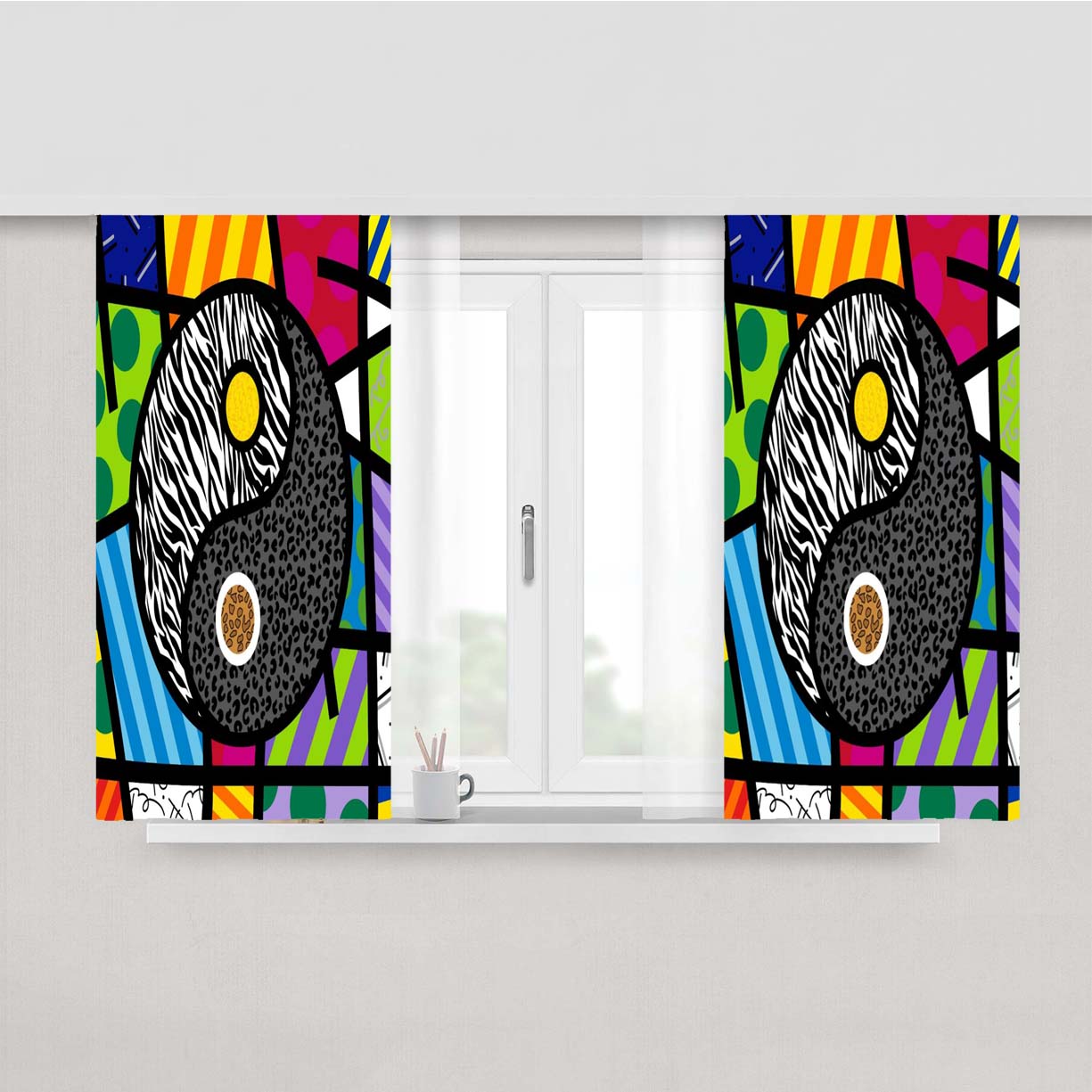 Romero Britto Yin Yang Wallpaper Peach Skin Window Curtains