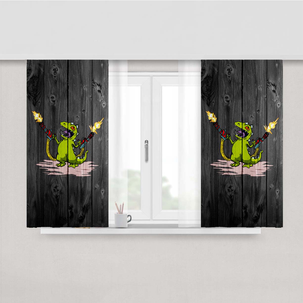 Rugrats Reptar Monster Gun Dark Wood Wallpaper Peach Skin Window Curtains