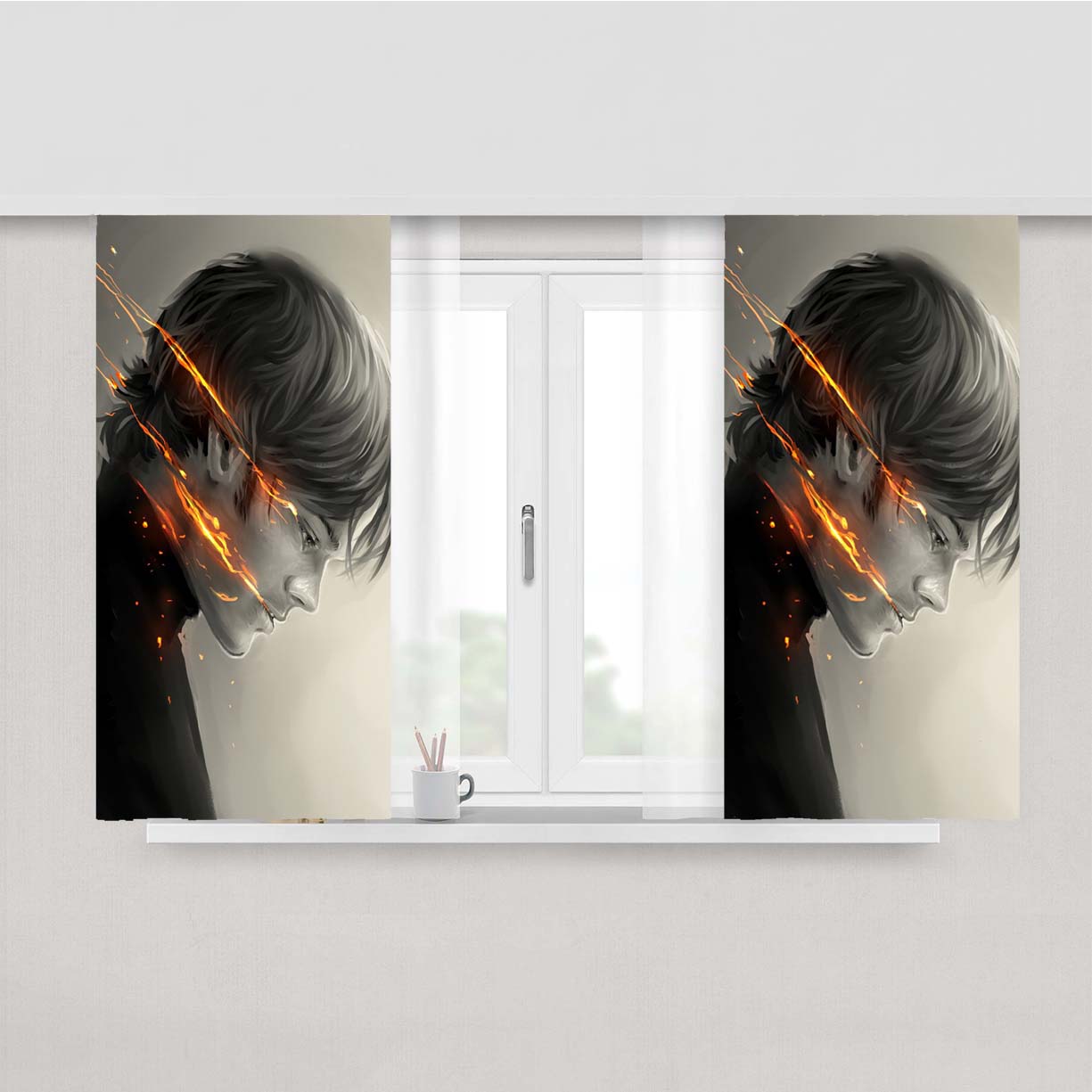 Sam Winchester Artwork On Fire Peach Skin Window Curtains