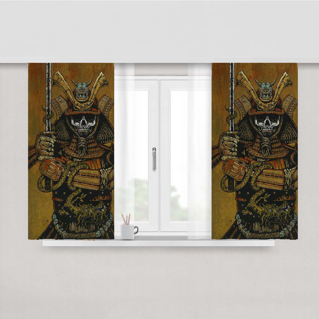 Samurai Skull Village Peach Skin Window Curtains