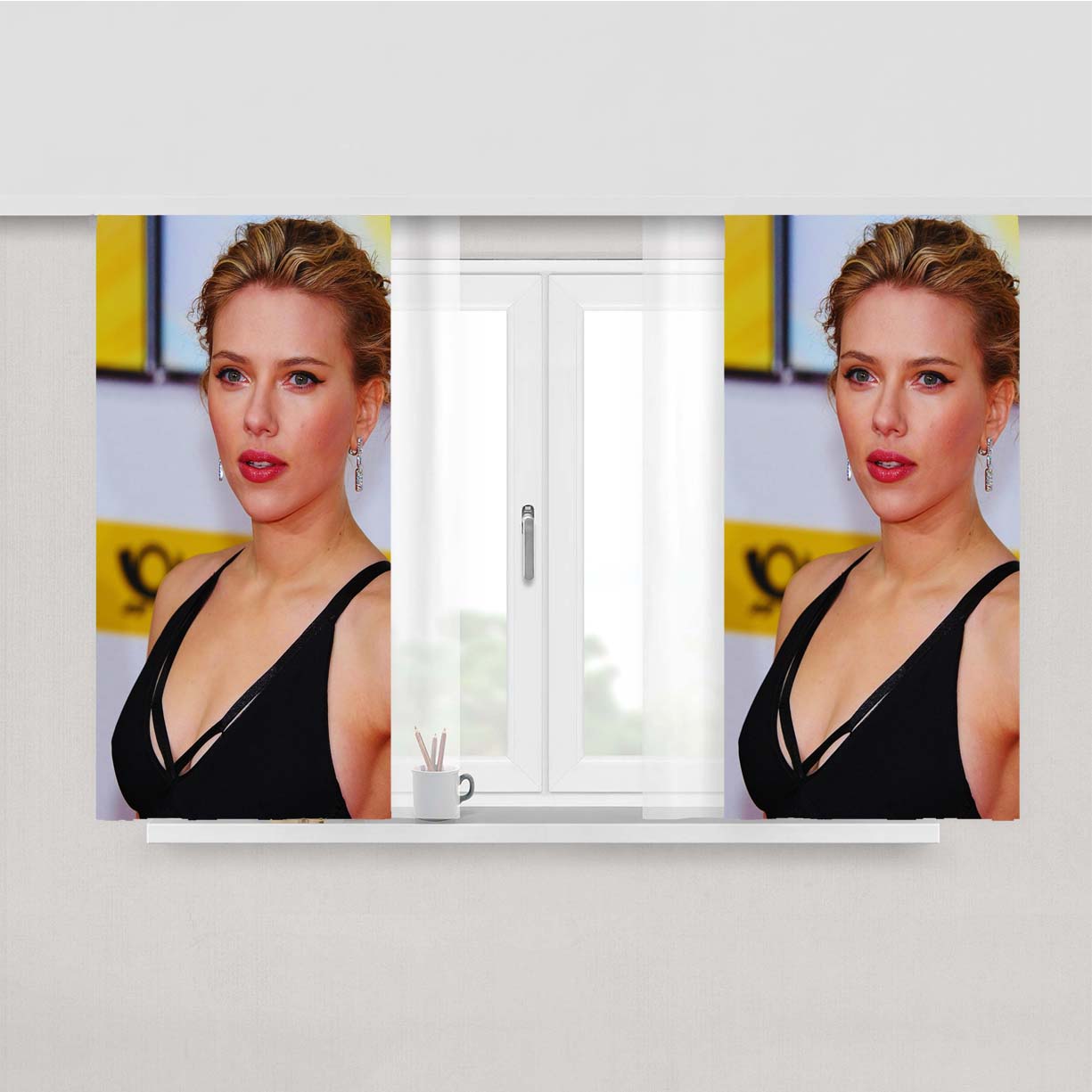 Scarlett Johansson Black Dress Peach Skin Window Curtains