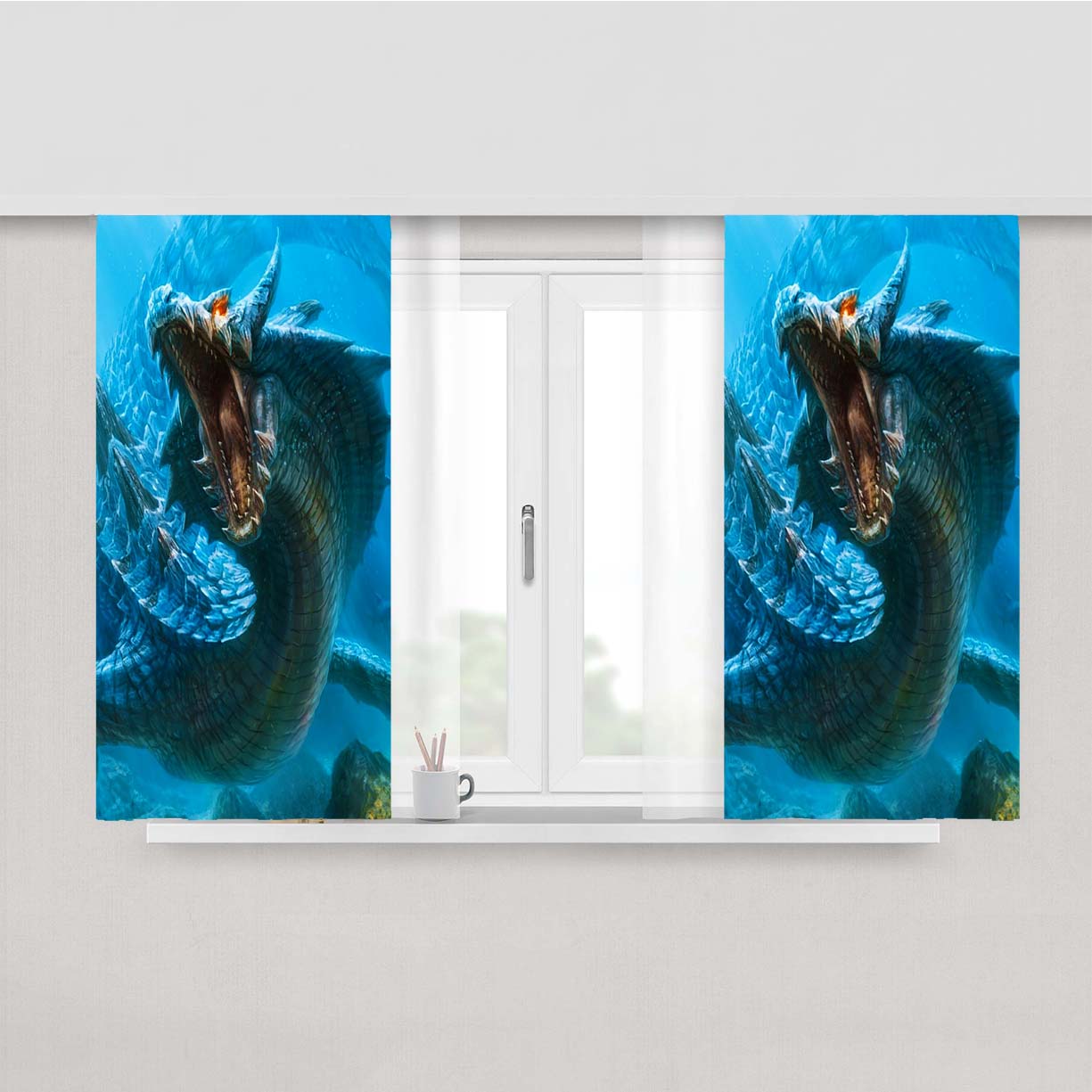 Sea Blue Dragon Peach Skin Window Curtains