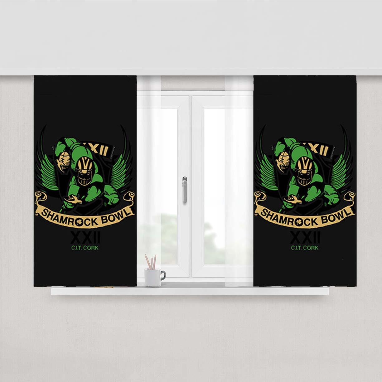 Shamrock Bowl Logo Dark Grey Peach Skin Window Curtains