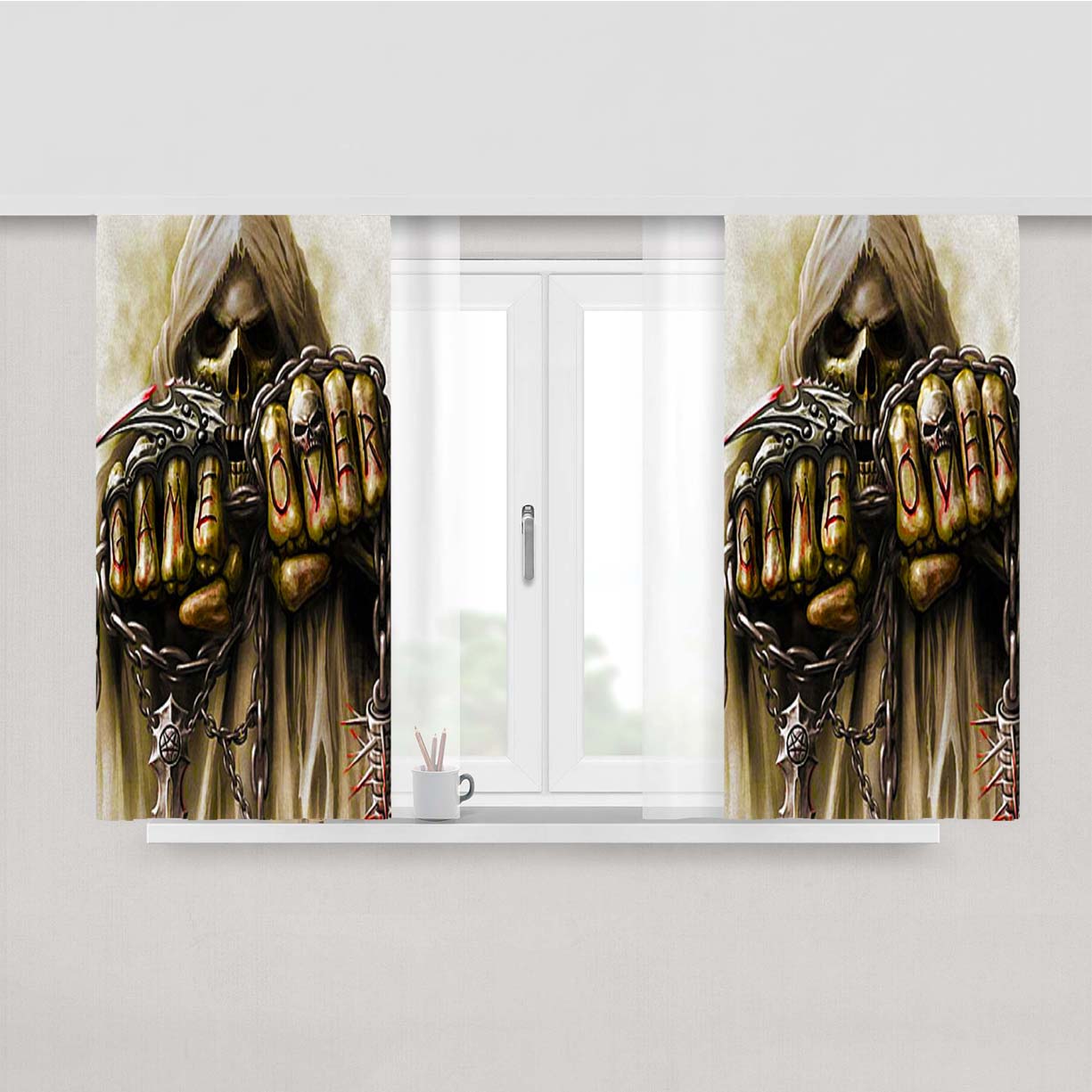Skull Game Over Peach Skin Window Curtains