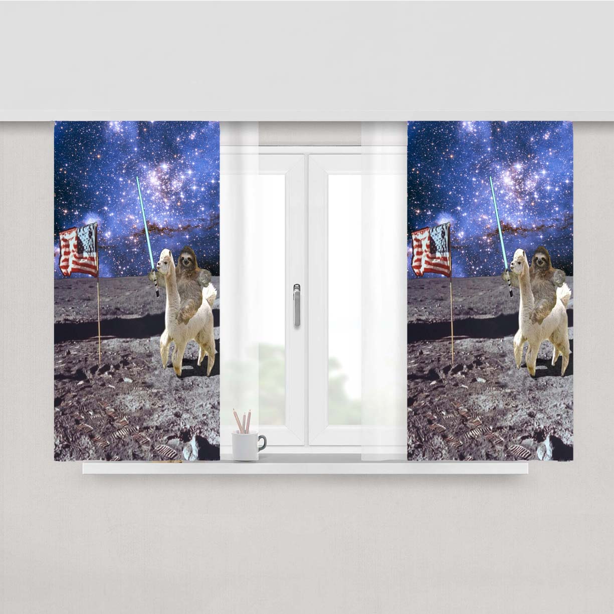 Sloth Llama Laser Nebula Galaxy Peach Skin Window Curtains