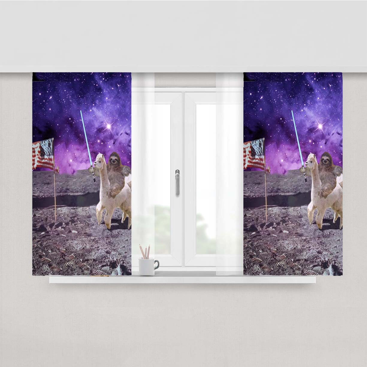 Sloth On Galaxy Peach Skin Window Curtains