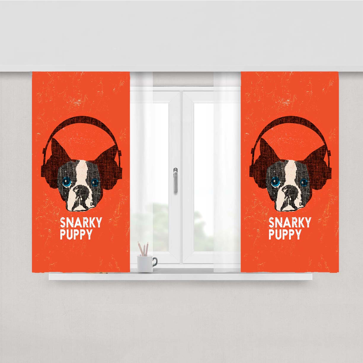 Snarky Puppy With Headset Grunge Peach Skin Window Curtains