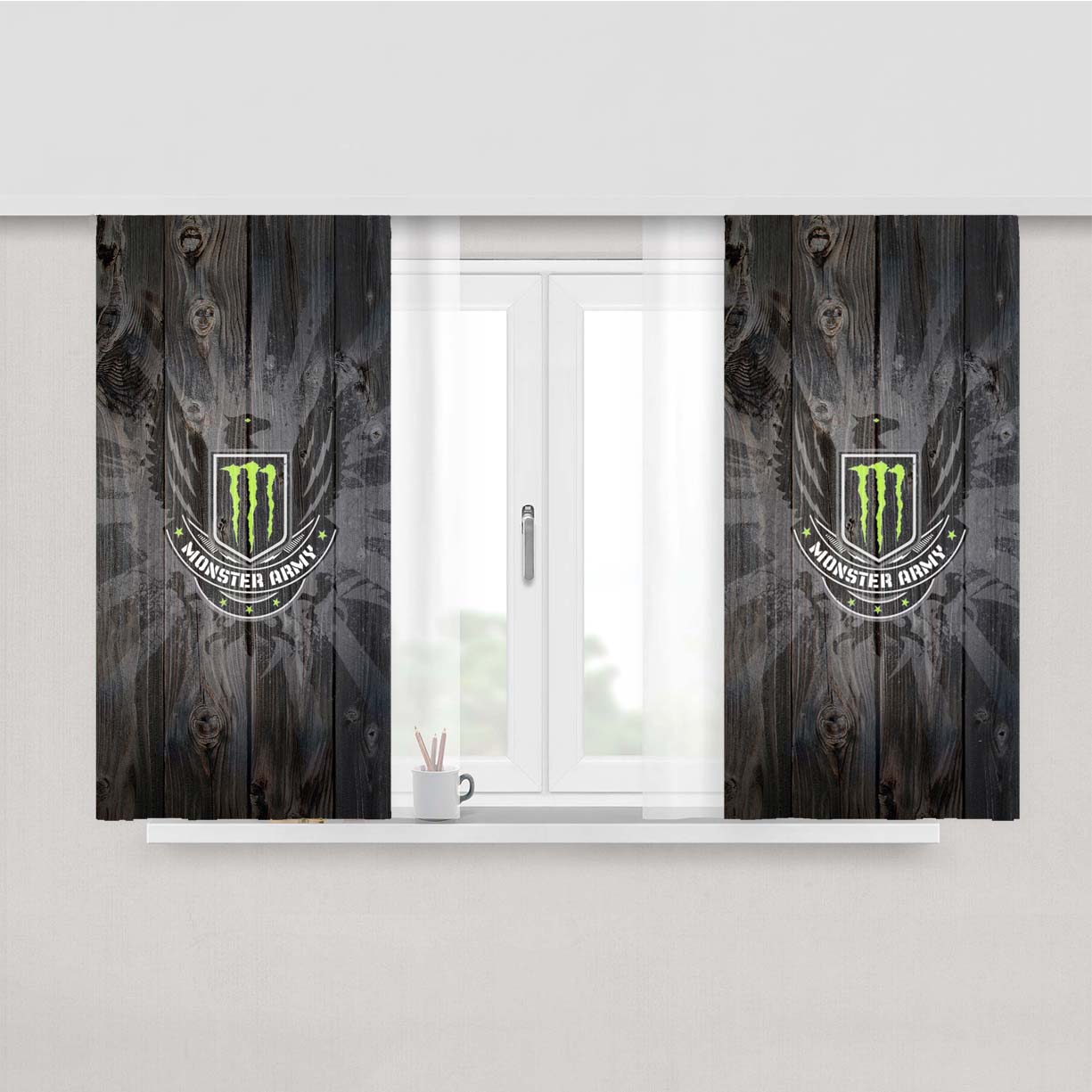 Soft Drink M Army Logo Dark Wood Wallpaper Peach Skin Window Curtains