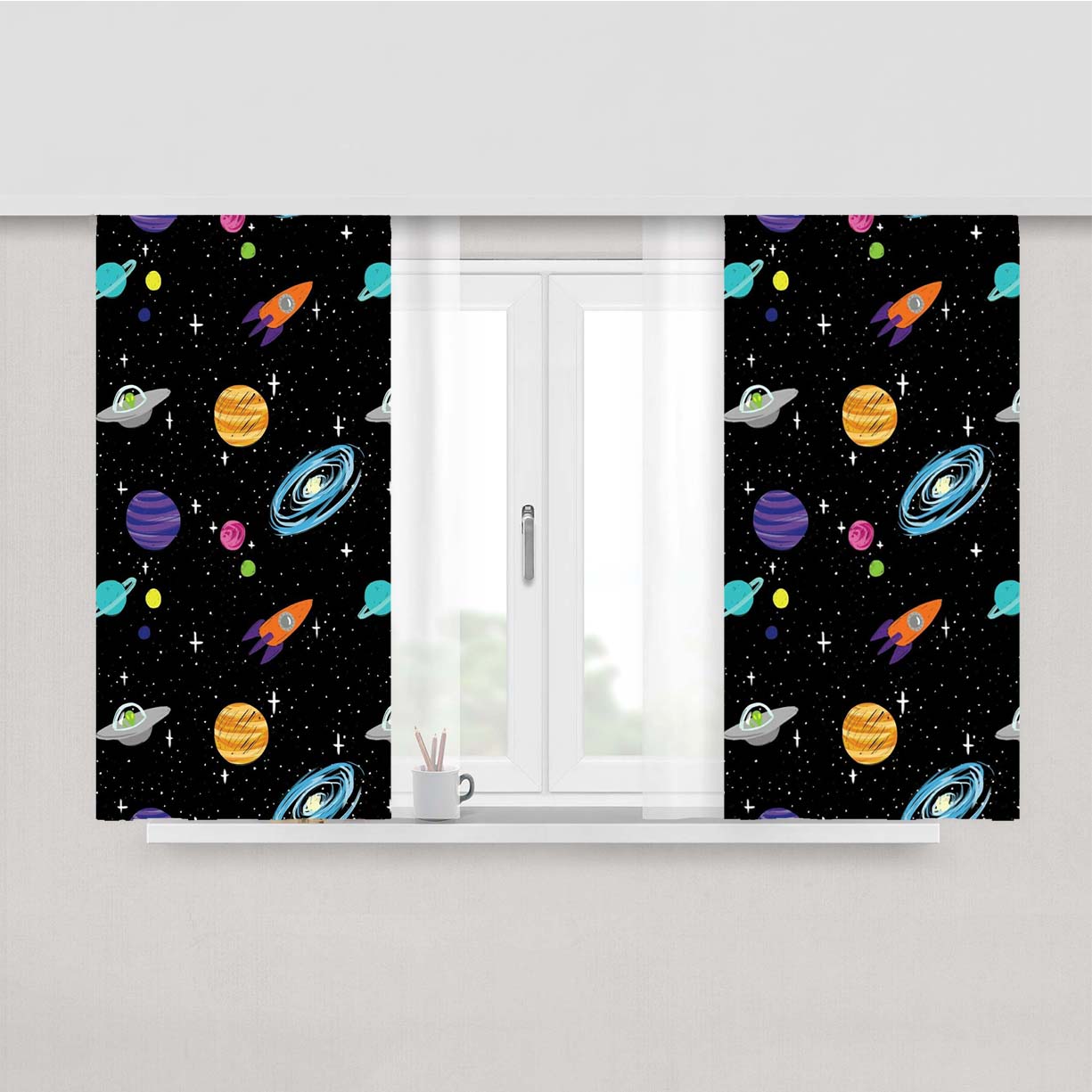 Space Cartoon Aliens Rocket Ships Planets Galaxy Peach Skin Window Curtains