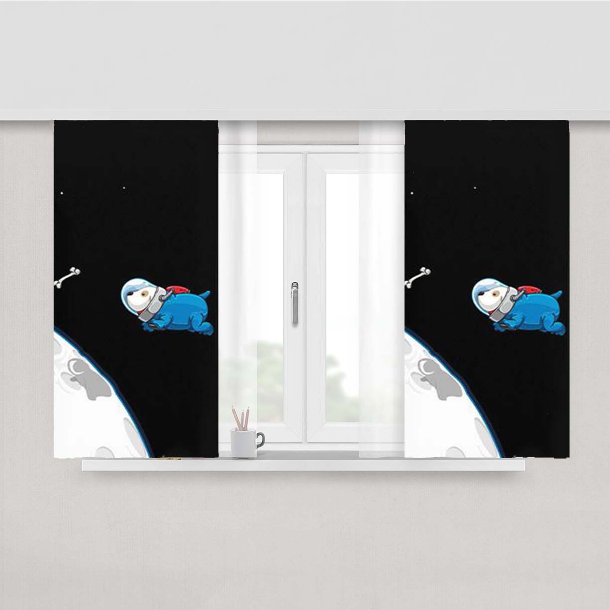Space Dog Chasing A Bone Peach Skin Window Curtains