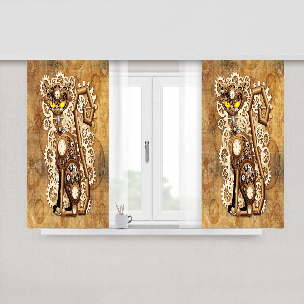 Steampunk Cat Vintage Peach Skin Window Curtains
