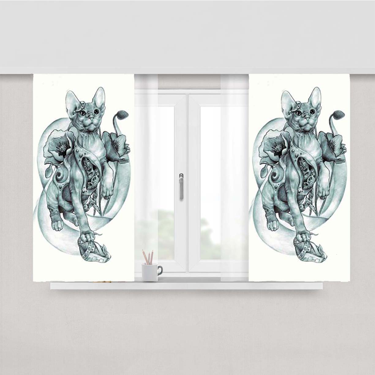 Steampunk Tattoo Cat Peach Skin Window Curtains