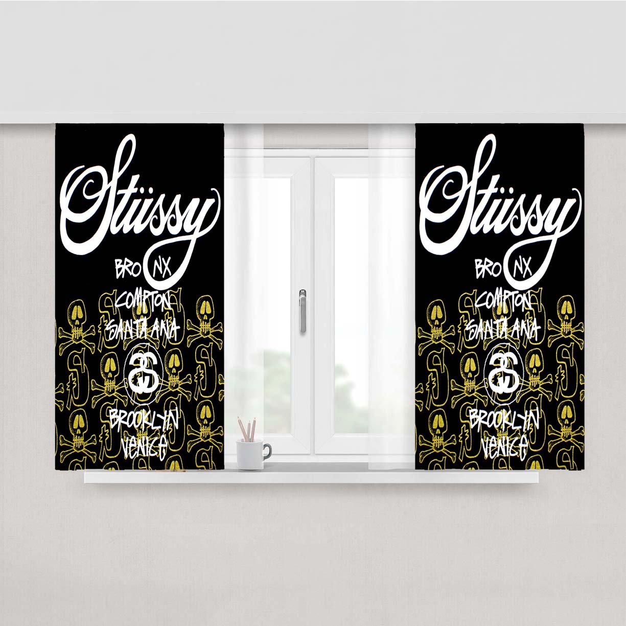 Stussy Skulls Pattern Peach Skin Window Curtains