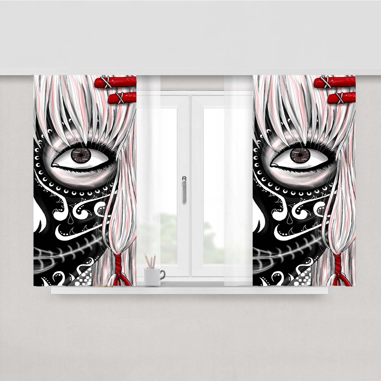 Sugar Skull Girl Black Death Peach Skin Window Curtains