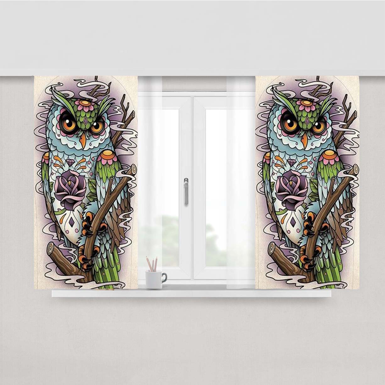 Sugar Skull Owl Tatto Logo Peach Skin Window Curtains