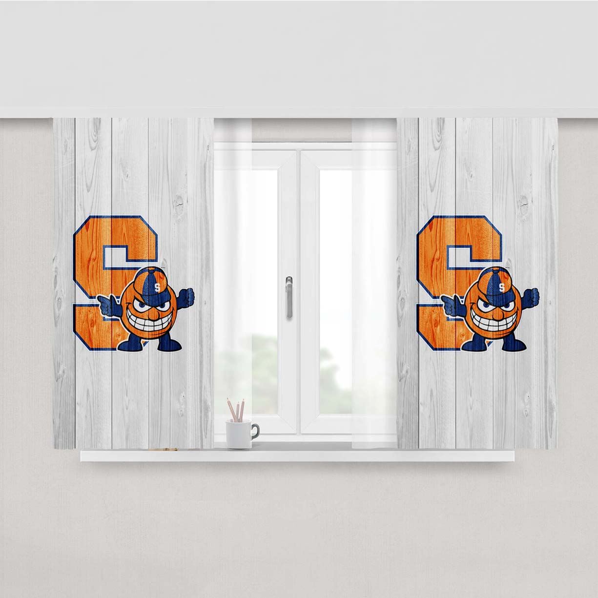 Syracuse University Logo White Wood Wallpaper Peach Skin Window Curtains