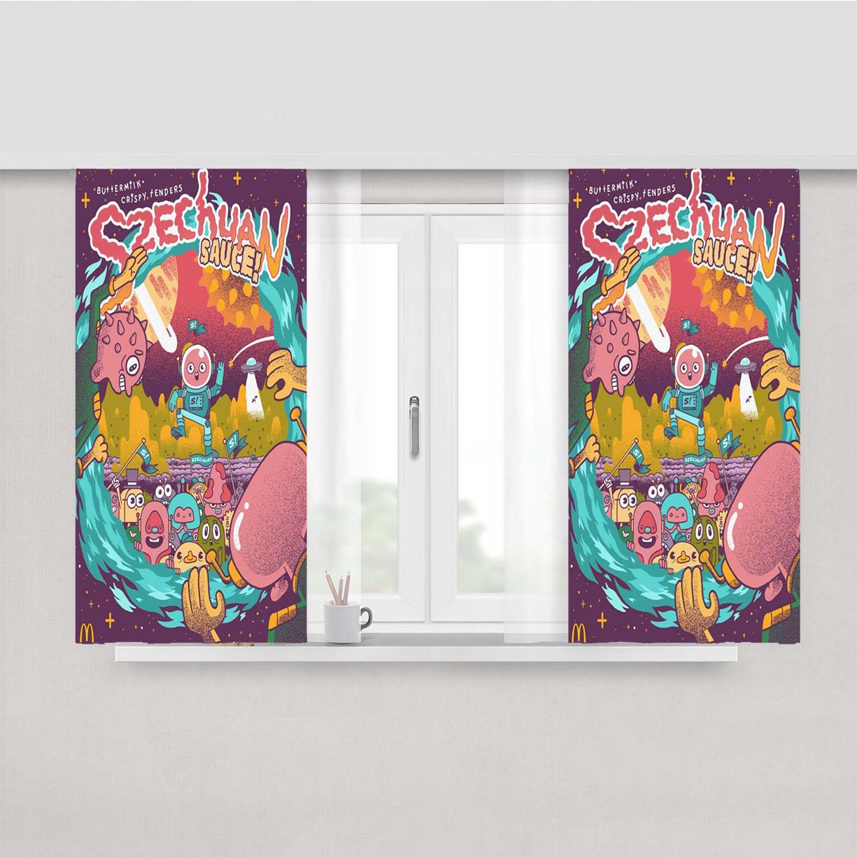 Szechuan Sauce Alien Rick And Morty Art Peach Skin Window Curtains