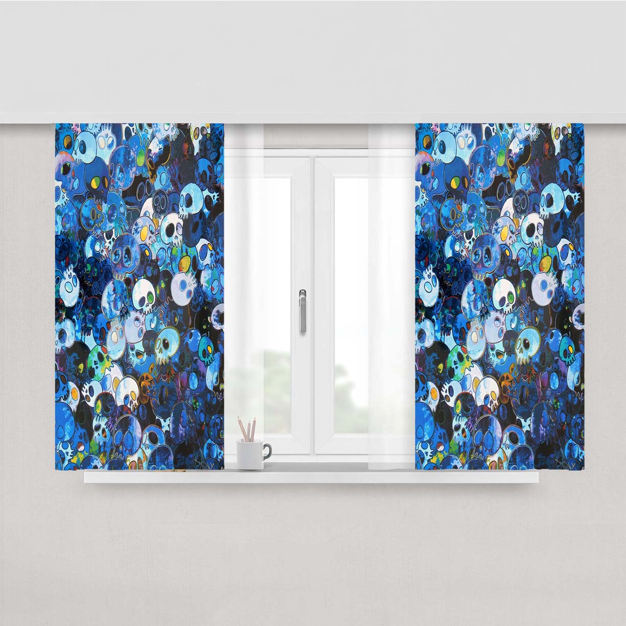 Takashi Murakami Blue Skeleton Peach Skin Window Curtains
