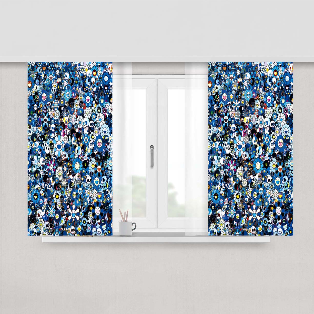 Takashi Murakami Murakami Blue Flower And Skulls Peach Skin Window Curtains