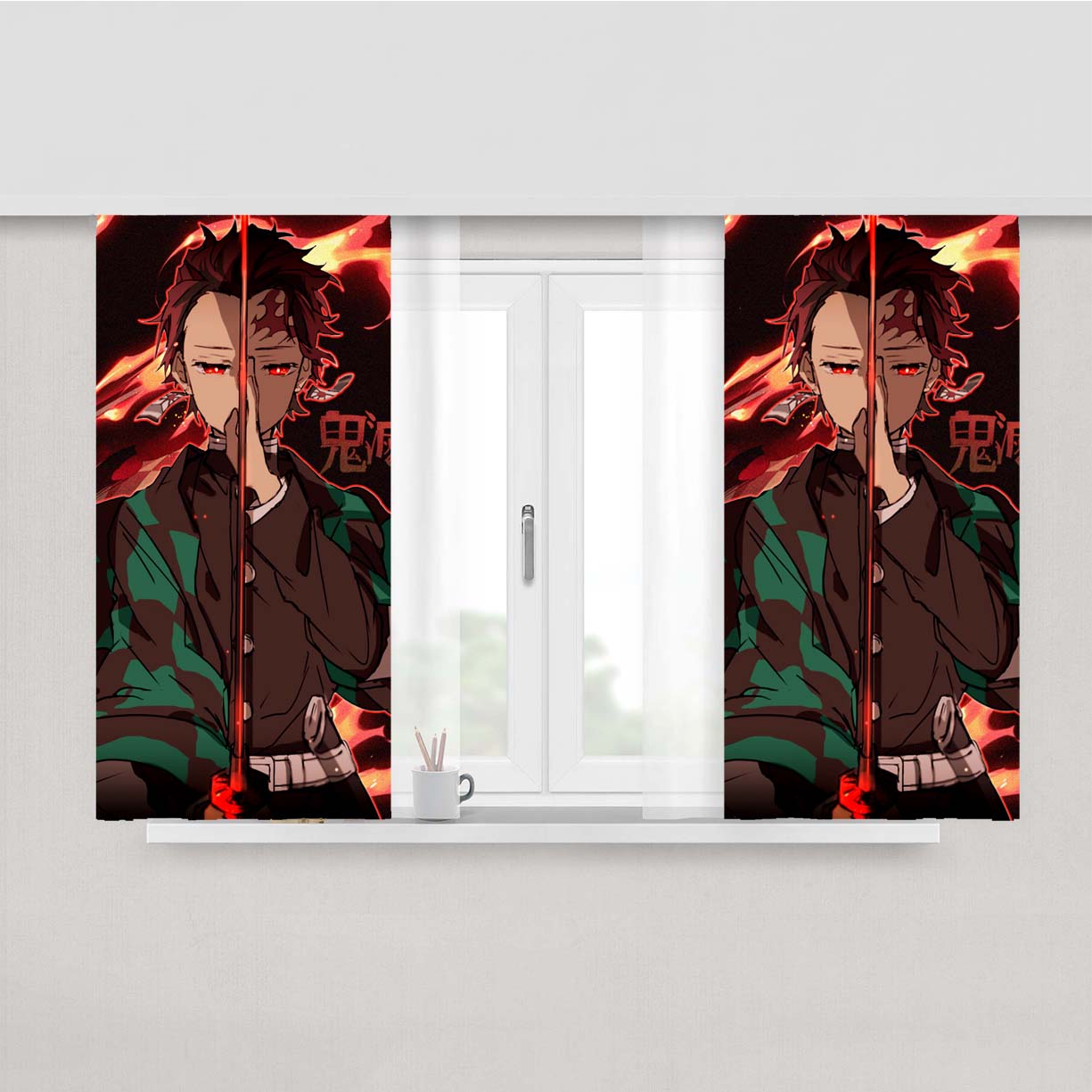 Tanjiro Flame Kimetsu No Yaiba Peach Skin Window Curtains