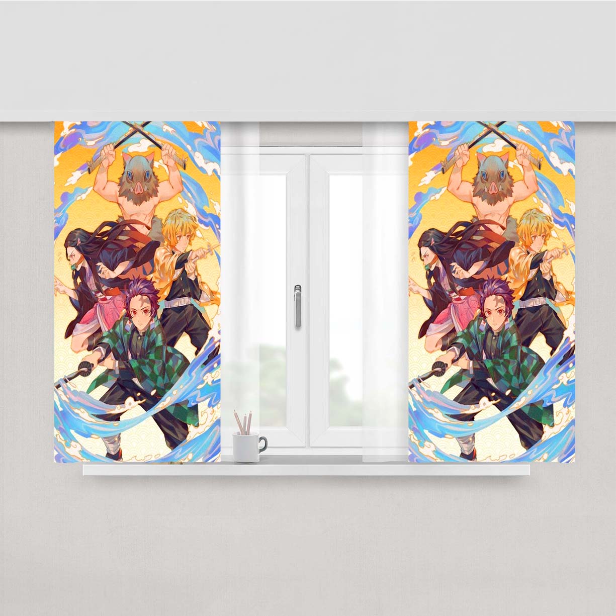 Tanjiro Zenitsu Inosuke Nezuko Kimetsu No Yaiba Peach Skin Window Curtains