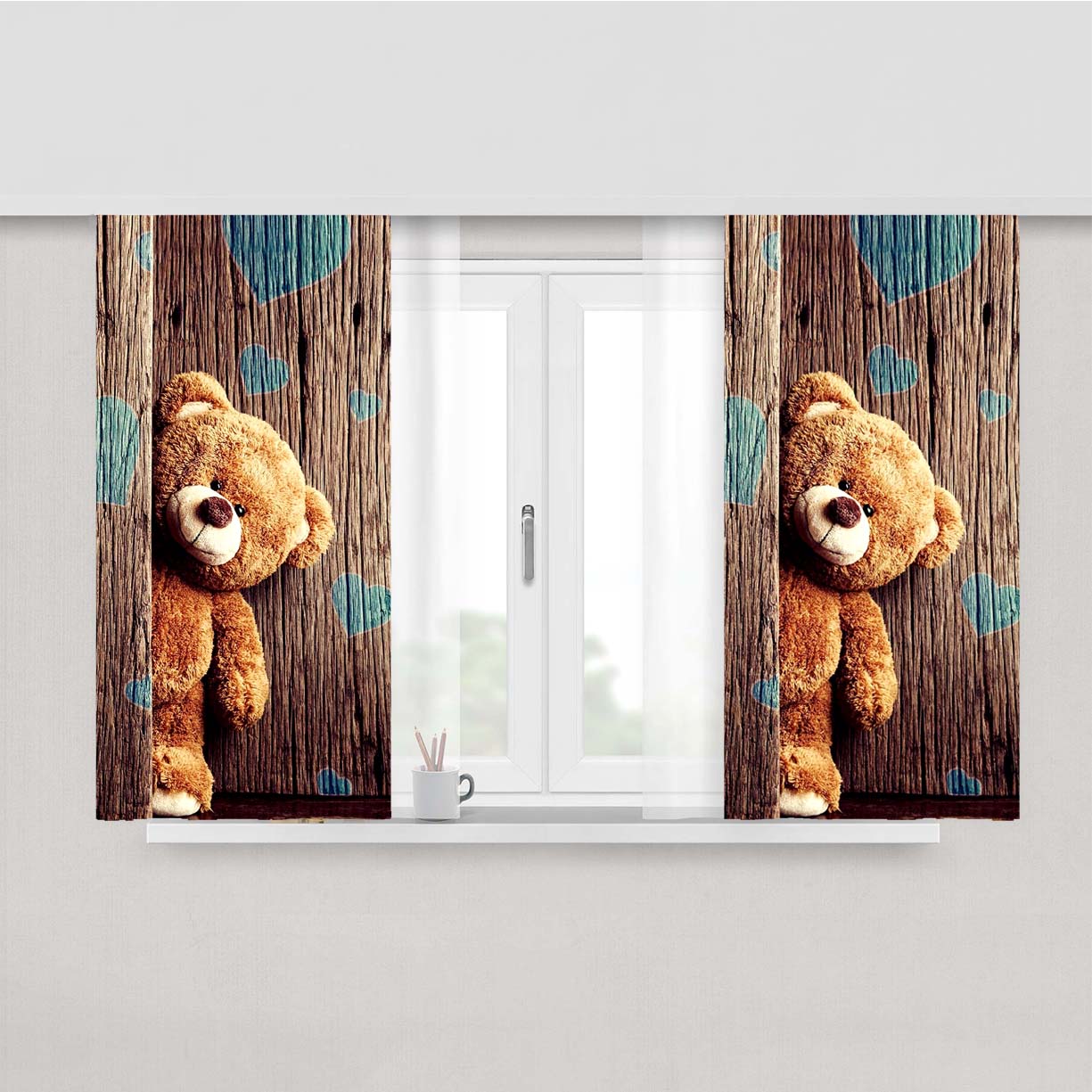 Teddy Bear Photoshoot On Wood Peach Skin Window Curtains