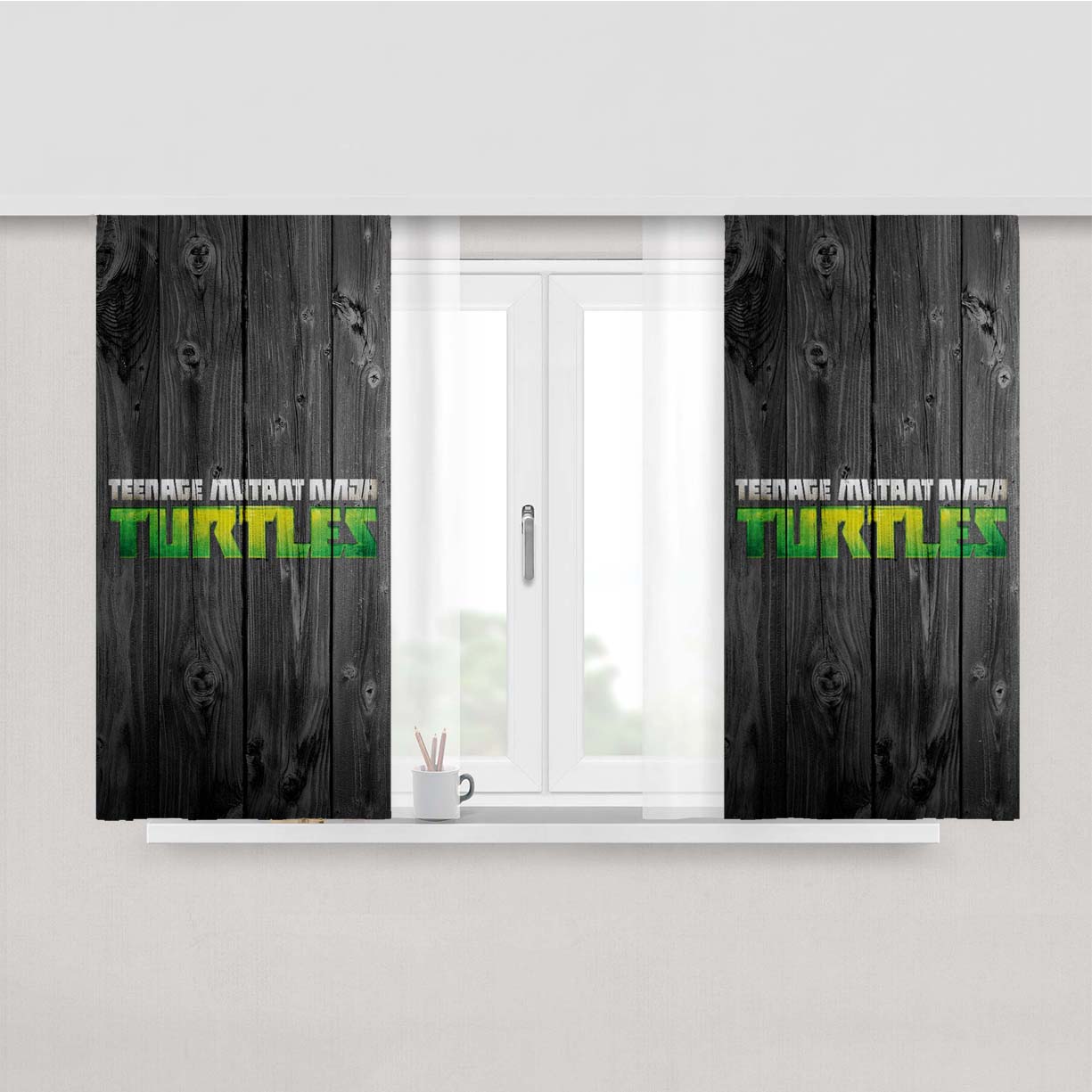 Teenage Mutant Ninja Turtles Logo Dark Wood Wallpaper Peach Skin Window Curtains
