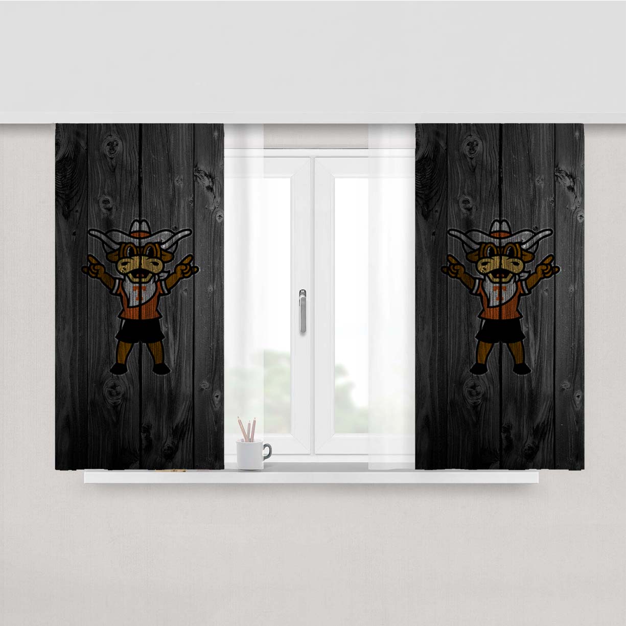 Texas Longhorns Bull Logo Dark Wood Wallpaper Peach Skin Window Curtains