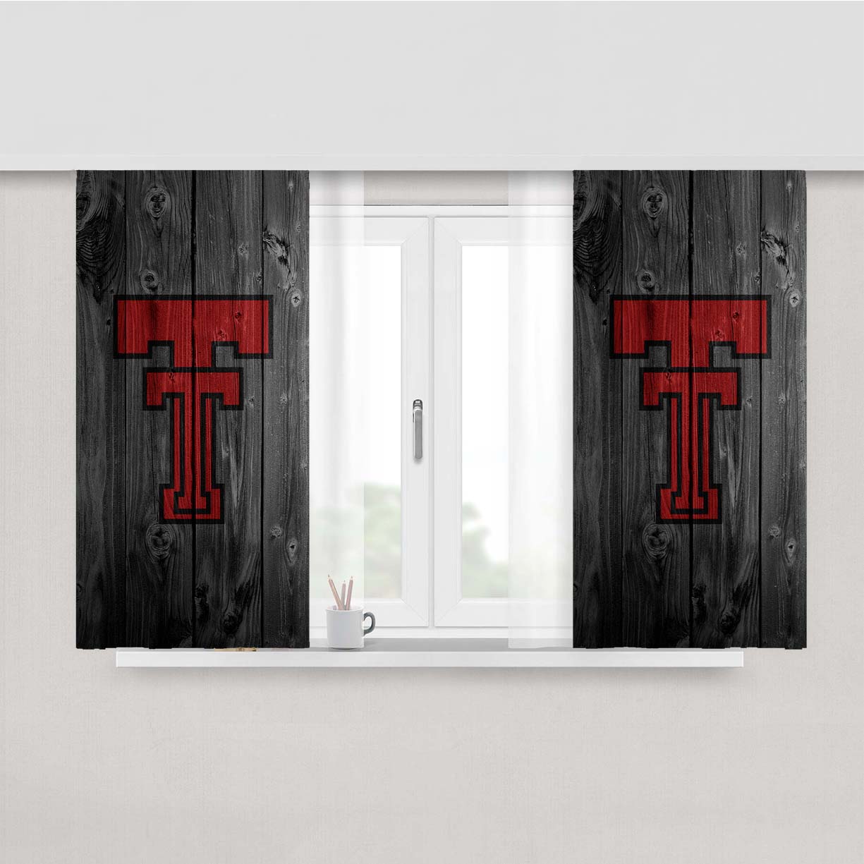 Texas Tech Red Raiders University Logo Dark Wood Wallpaper Peach Skin Window Curtains