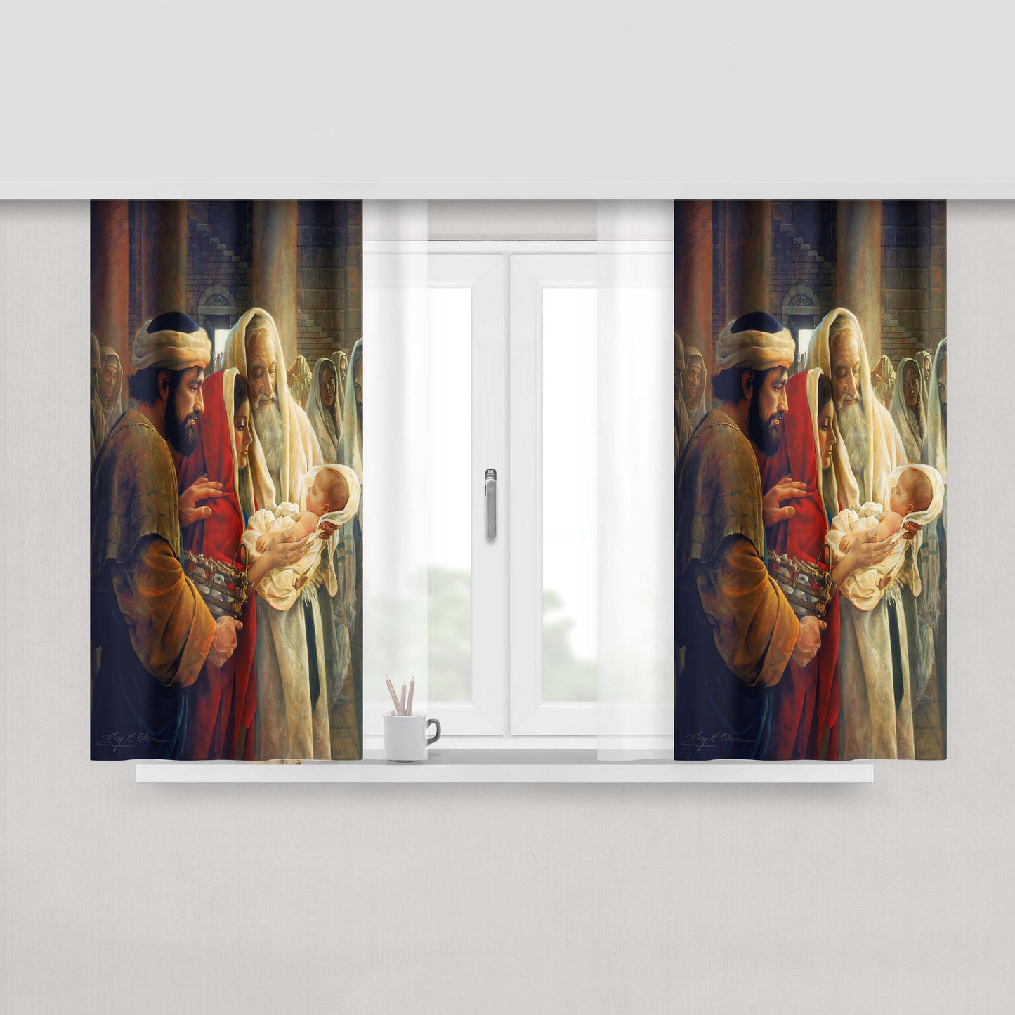 A Guy With His Puppy Fabric Window Curtains