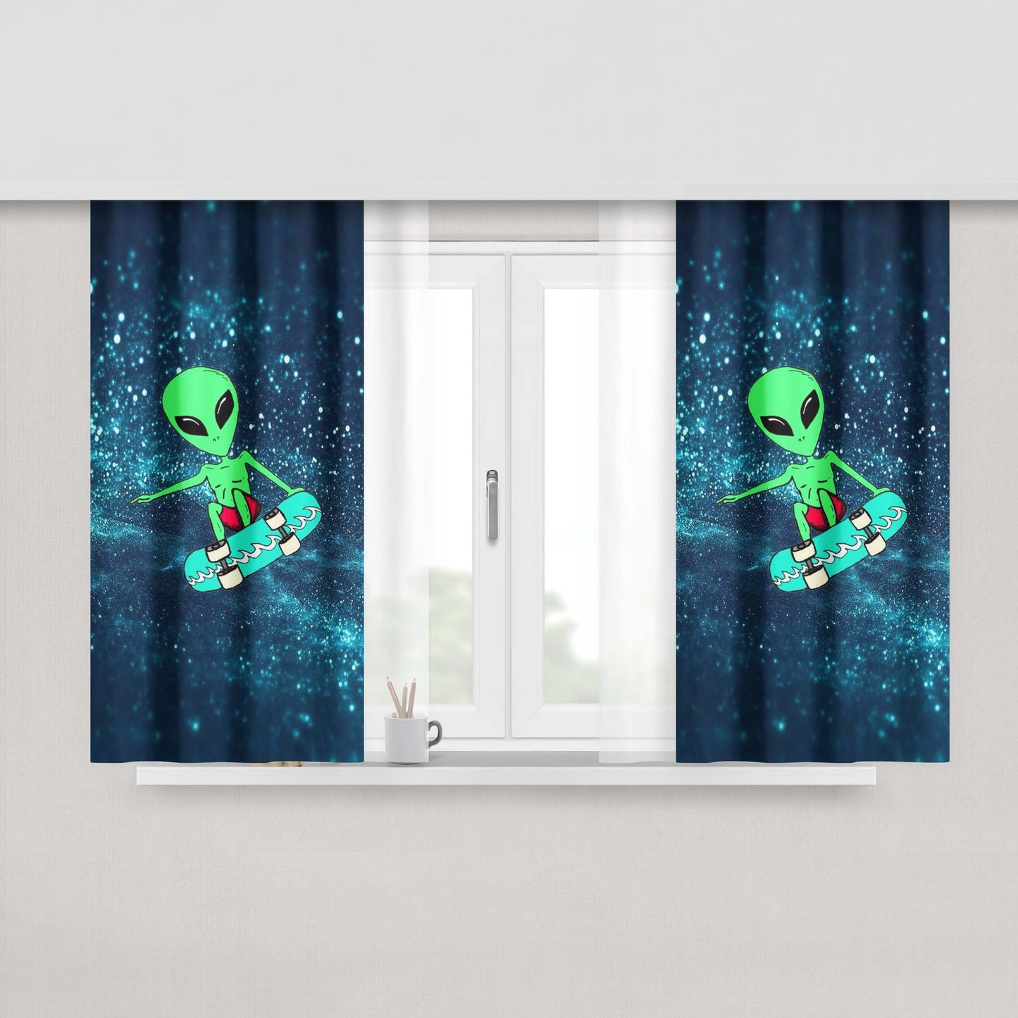 Alien Pattern Emoticon Holo Peach Skin Window Curtains