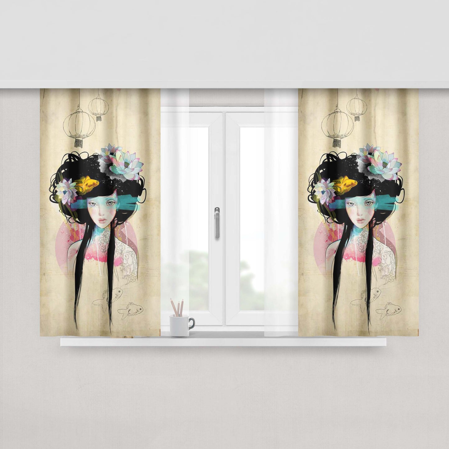 Art Coustic Fish And Woman Peach Skin Window Curtains