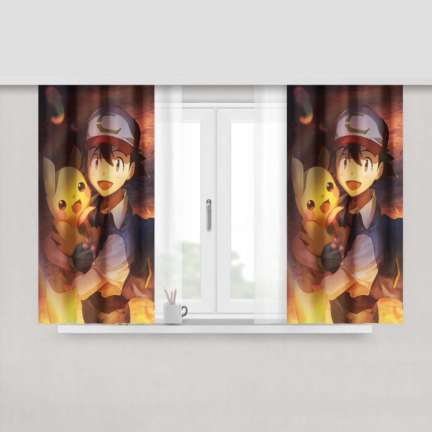 Ash Ketchum And Pikachu Illustration Peach Skin Window Curtains